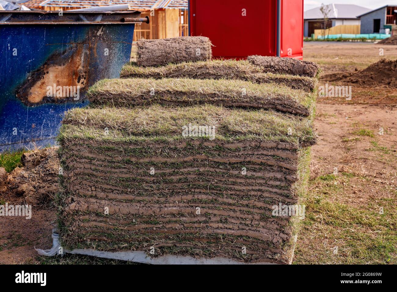 A pallet of layers of farmed lawn grass ready to lay on a new home