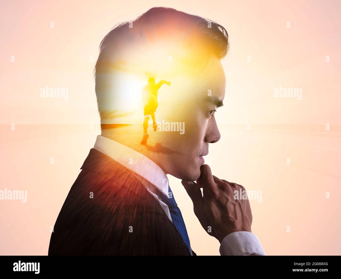 Double exposure of  businessman and running forward  concept Stock Photo