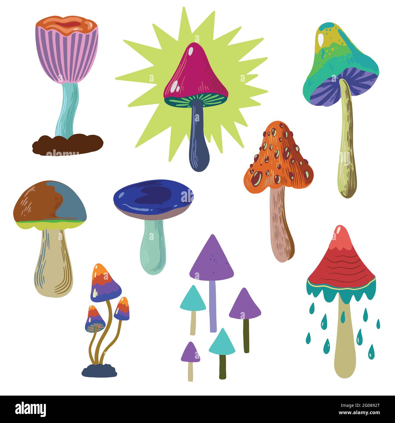 Set of psychedelic and fairy colorful mushrooms isolated on white background. Vector hand drawn illustration. Stock Vector