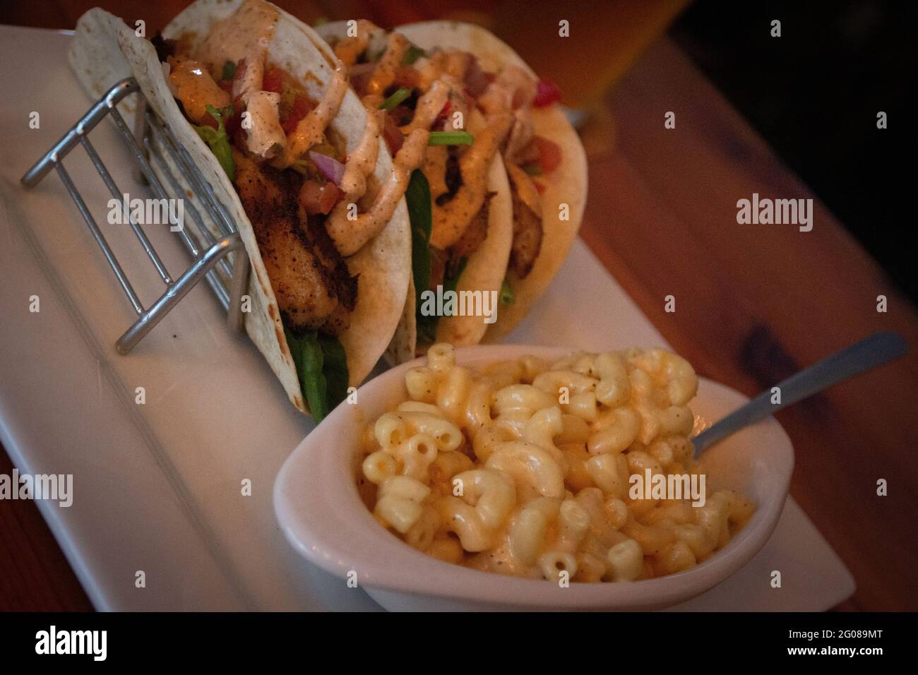 Taco Tuesday Fish Tacos With Side Of Mac And Cheese Stock Photo Alamy
