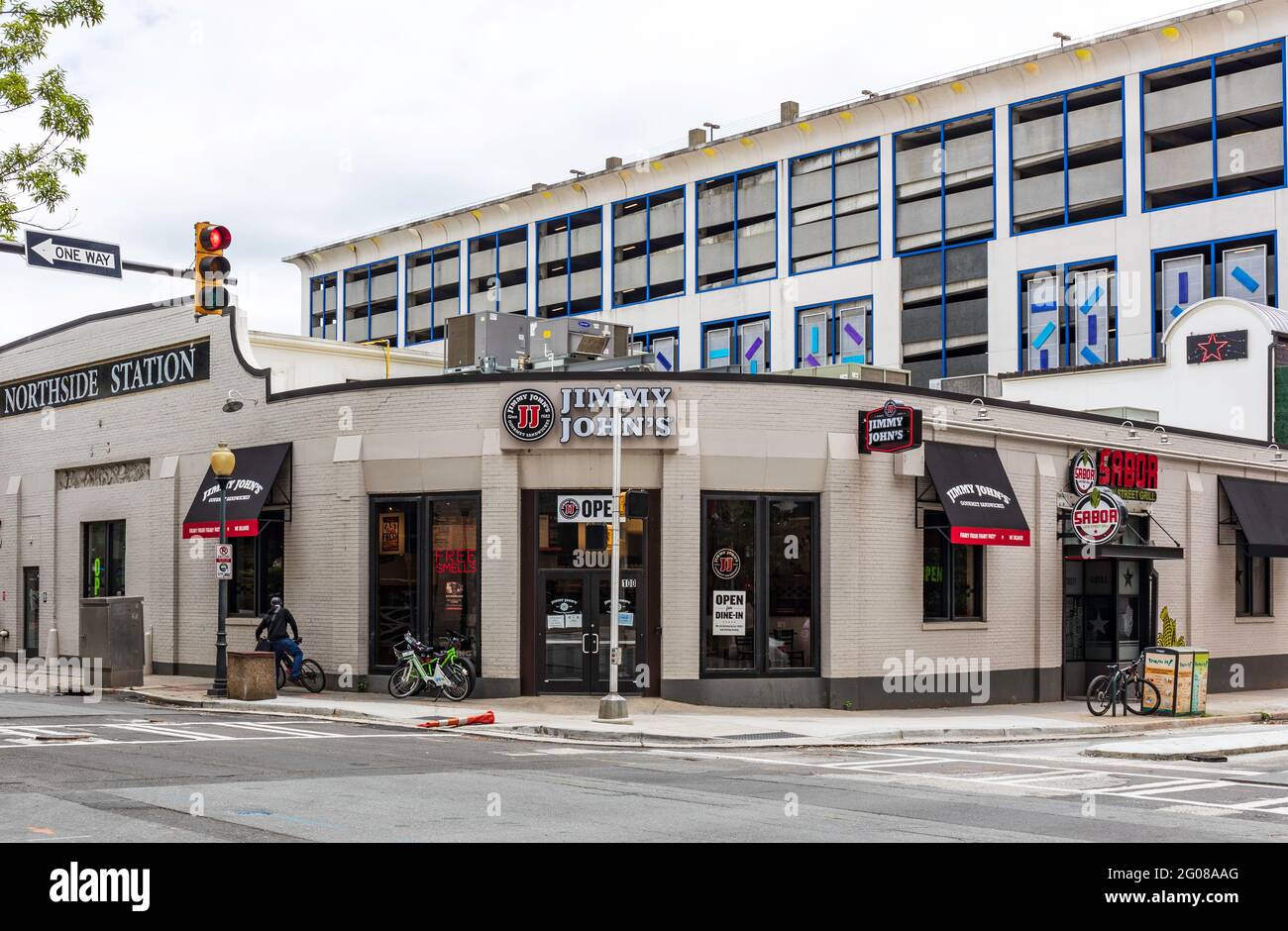 CHARLOTTE, NC, USA-30 MAY 2021: Exterior of Northside Station includes Jimmy John's restaurant and Sabor Latin Street Grill. Stock Photo