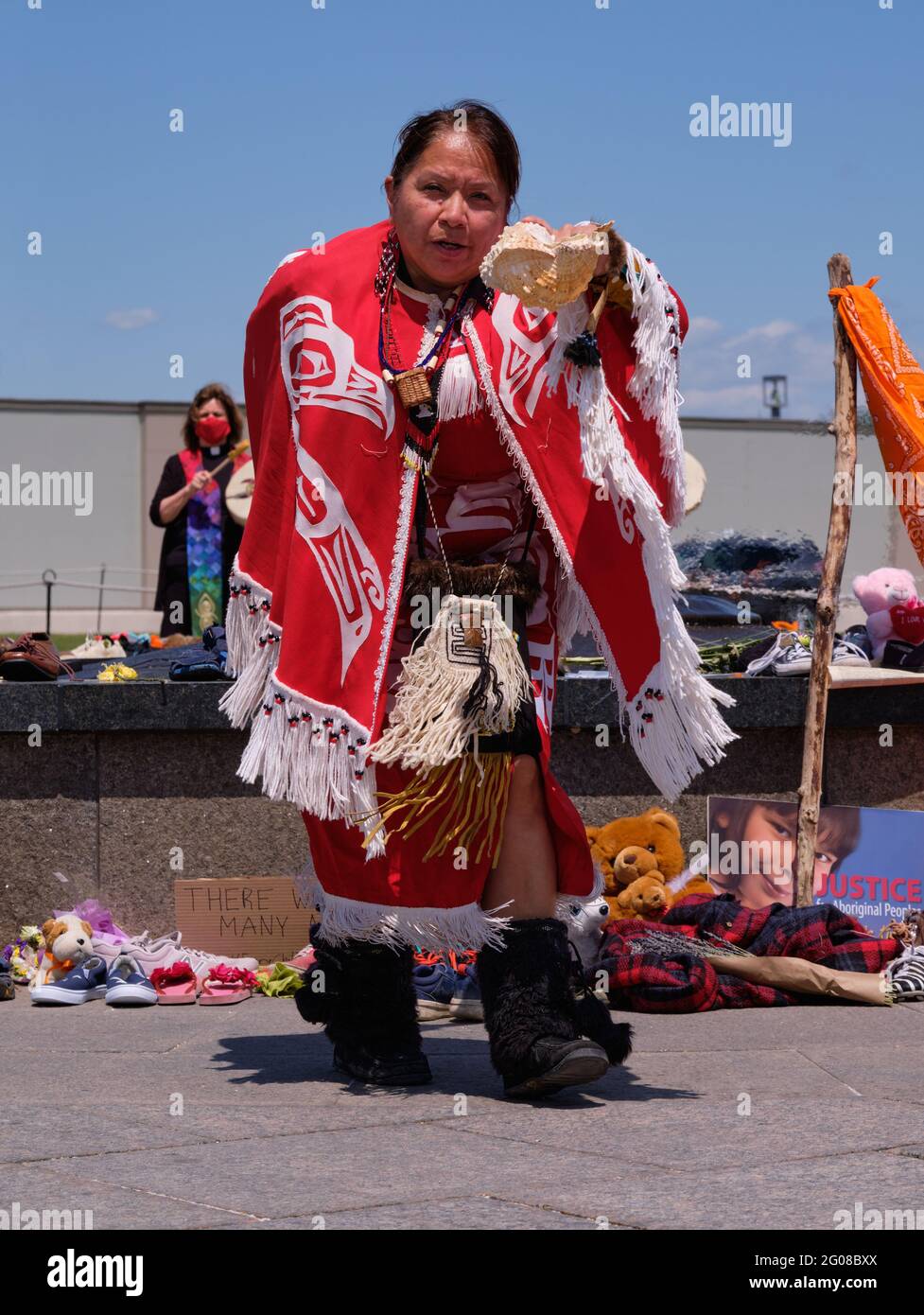 BC Native woman performing a traditional dance at memorial for children who died in Residential School, Ottawa Parliament, Canada Stock Photo