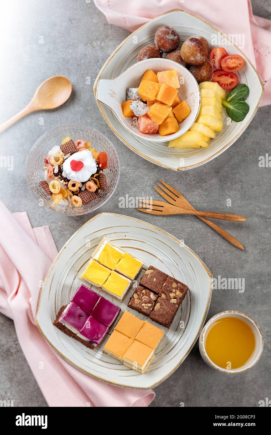 Top view of cereal and cakes on a table Stock Photo
