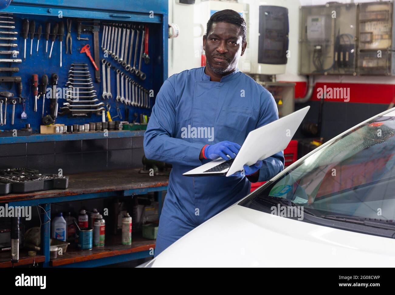 Automobile diagnosis. Car mechanic repairer looks for engine failure Stock Photo Alamy