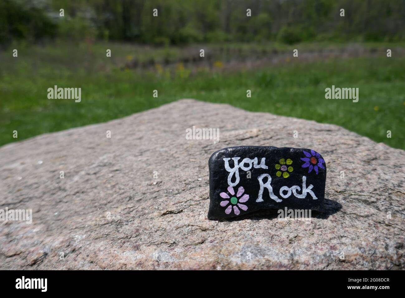 You Rock encouraging message painted on kindness stone placed on large rock Stock Photo
