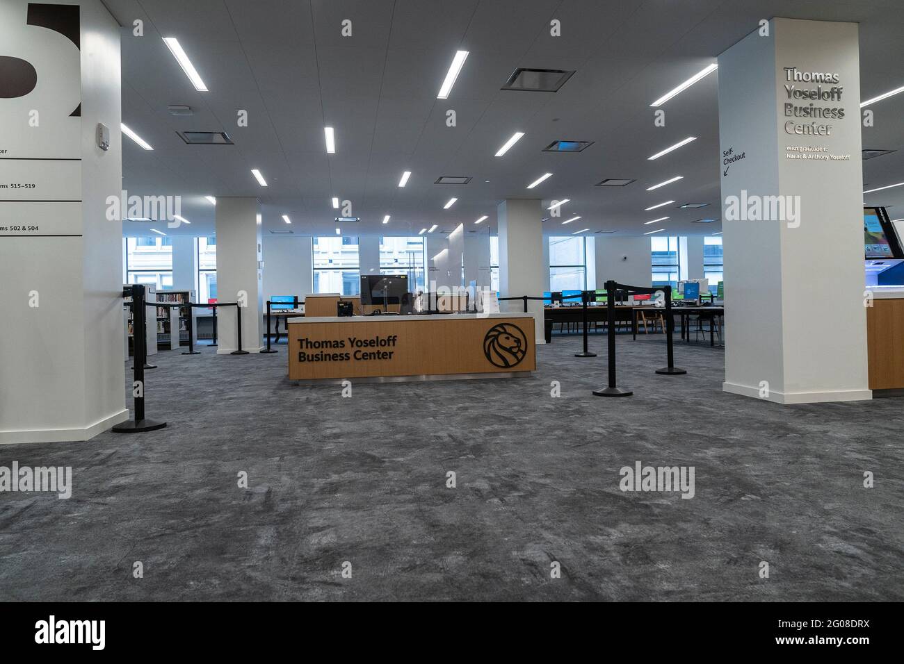Interior view of business and technology center on 6th floor of newly  redesigned Stavros Niarchos Foundation Library. After a delay because of  COVID-19 pandemic, the main branch of NYPL has been officially