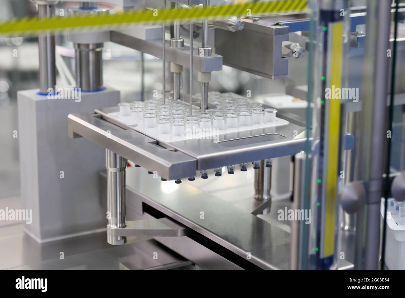 Manufacturing equipment in modern pharmaceutical factory. Selective focus. Stock Photo