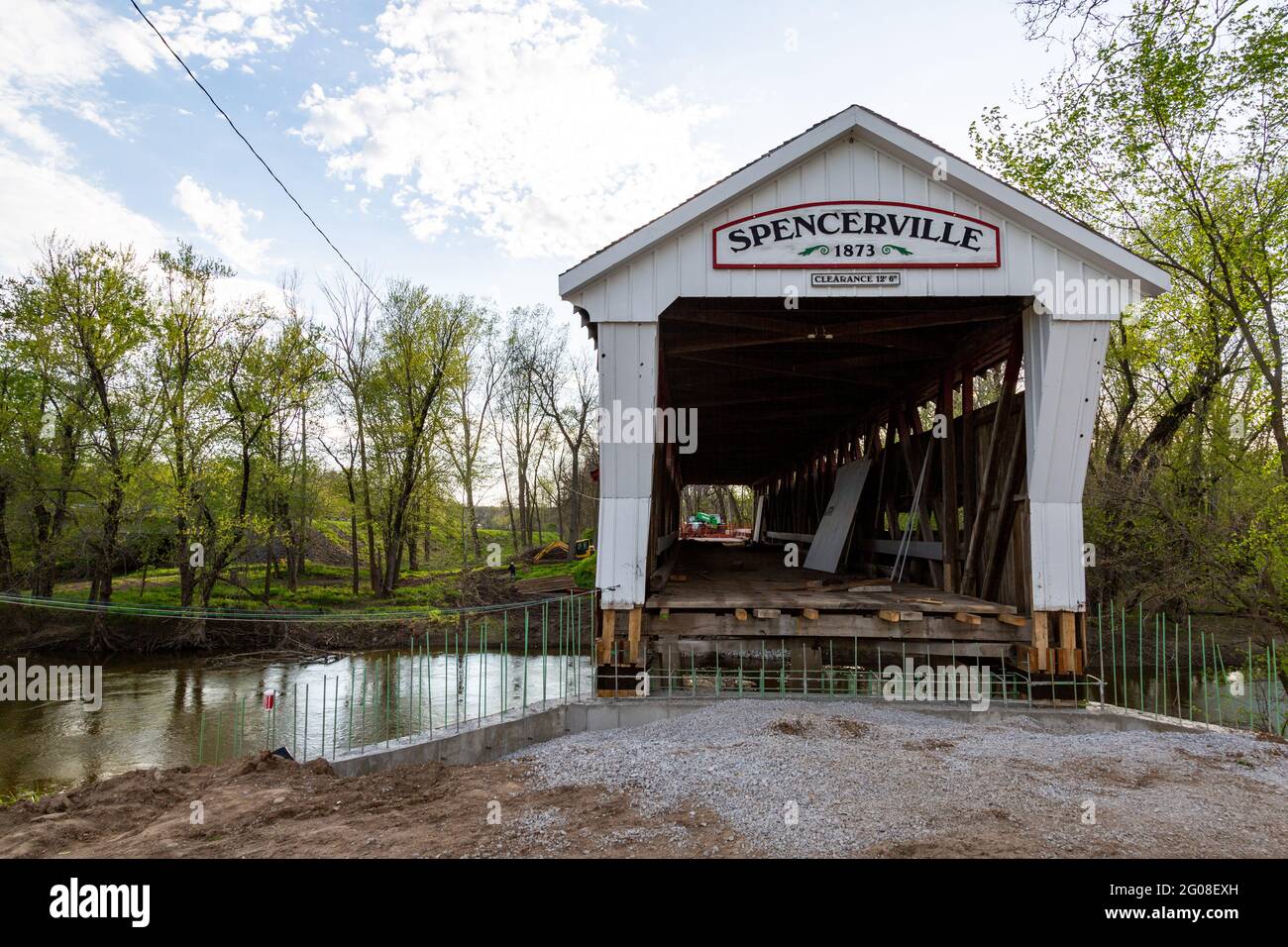 The entrance to the historic, now closed, Spencerville Covered Bridge in Spencerville, Indiana, USA. Stock Photo