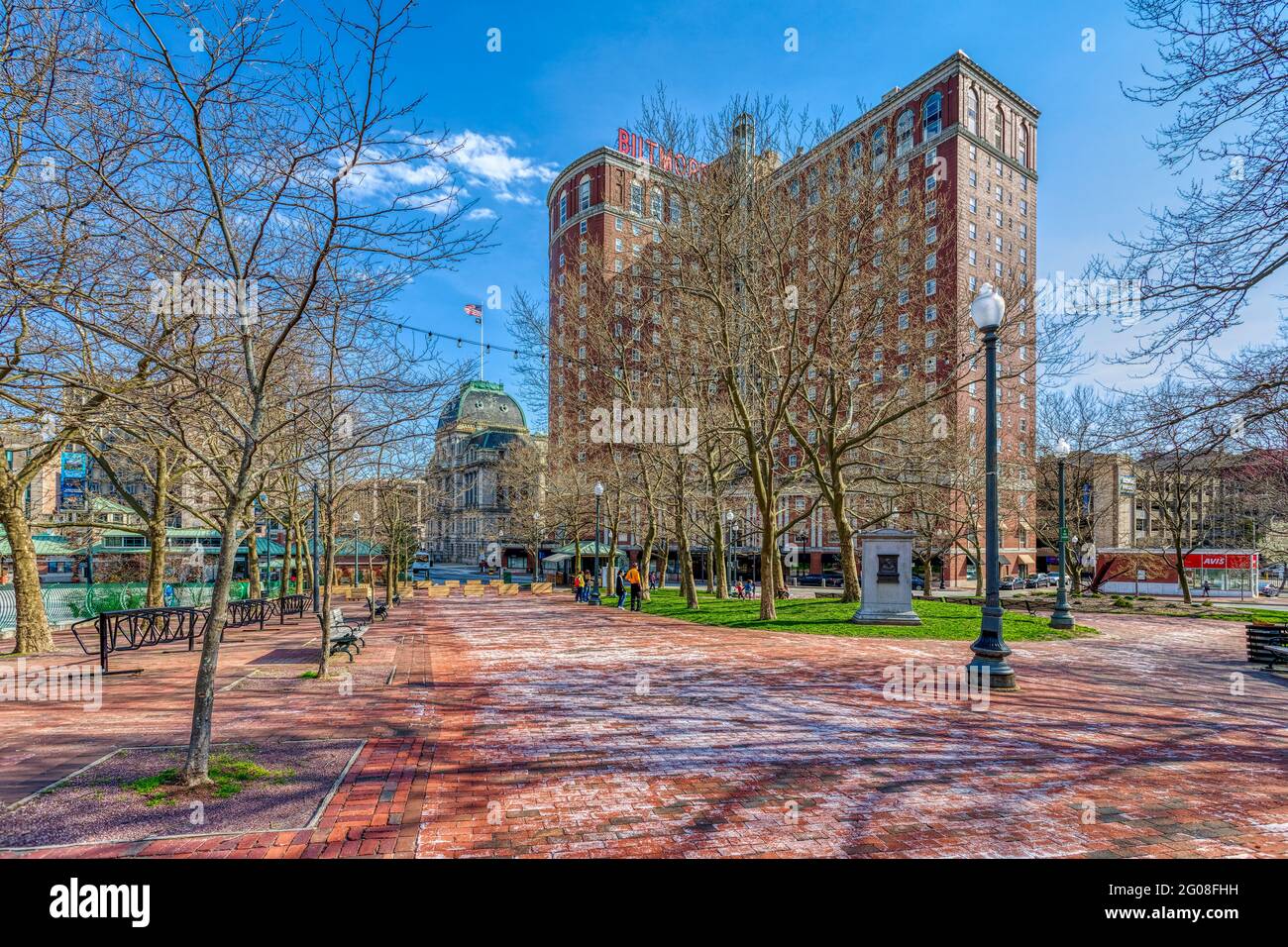 View through Biltmore Park reveals domed City Hall and Providence