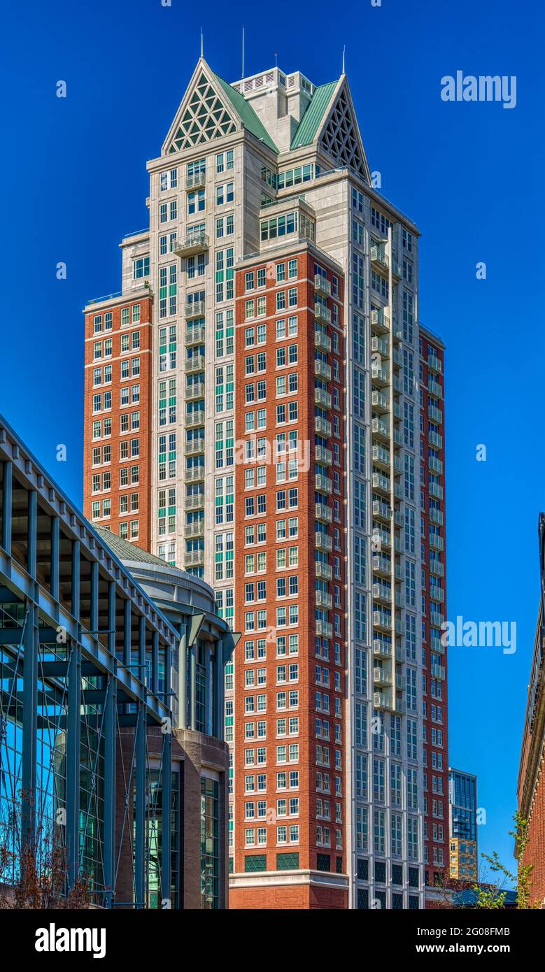 The Residences Providence is a mixed tower: Omni Hotel on the lower floors, condominium apartments on floors 16-31. Stock Photo