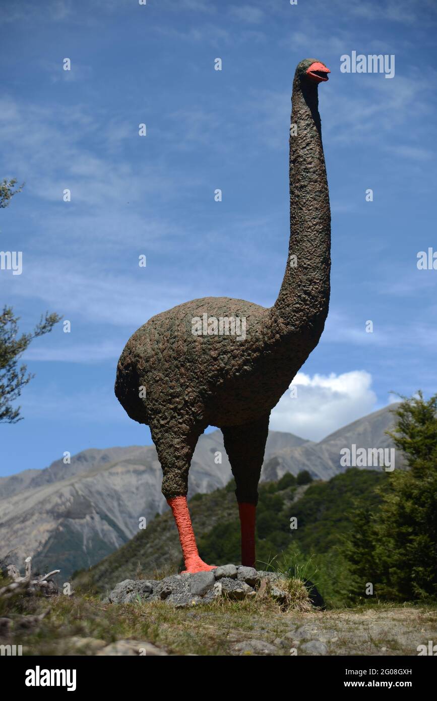 The iconic moa statue at Bealey, New Zealand, visitors to the