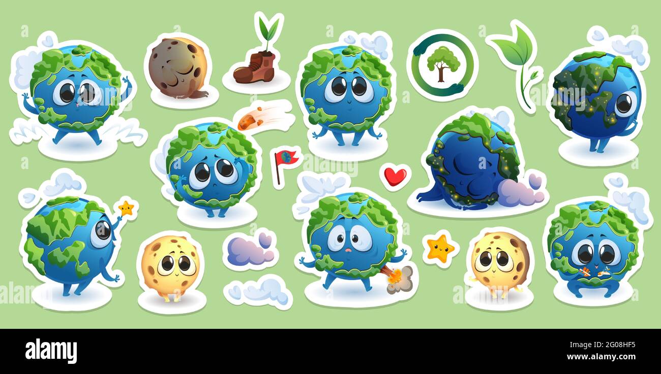 Stickers with Earth and Moon cartoon characters, cute funny planets with kawaii face and cloud, happy mascot rejoice, touching star, sleep, volcano eruption, green sprouts and comet Cartoon vector set Stock Vector