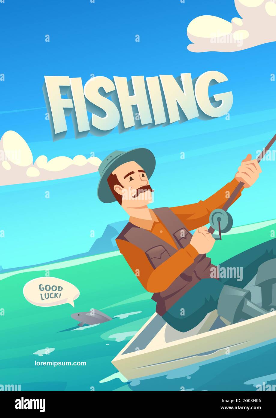 Fishing cartoon banner with character in boat with spinning catching haul  on lake, pond, river or sea at summer time. Man in hat and vest holding  rod, fish wishing good luck to