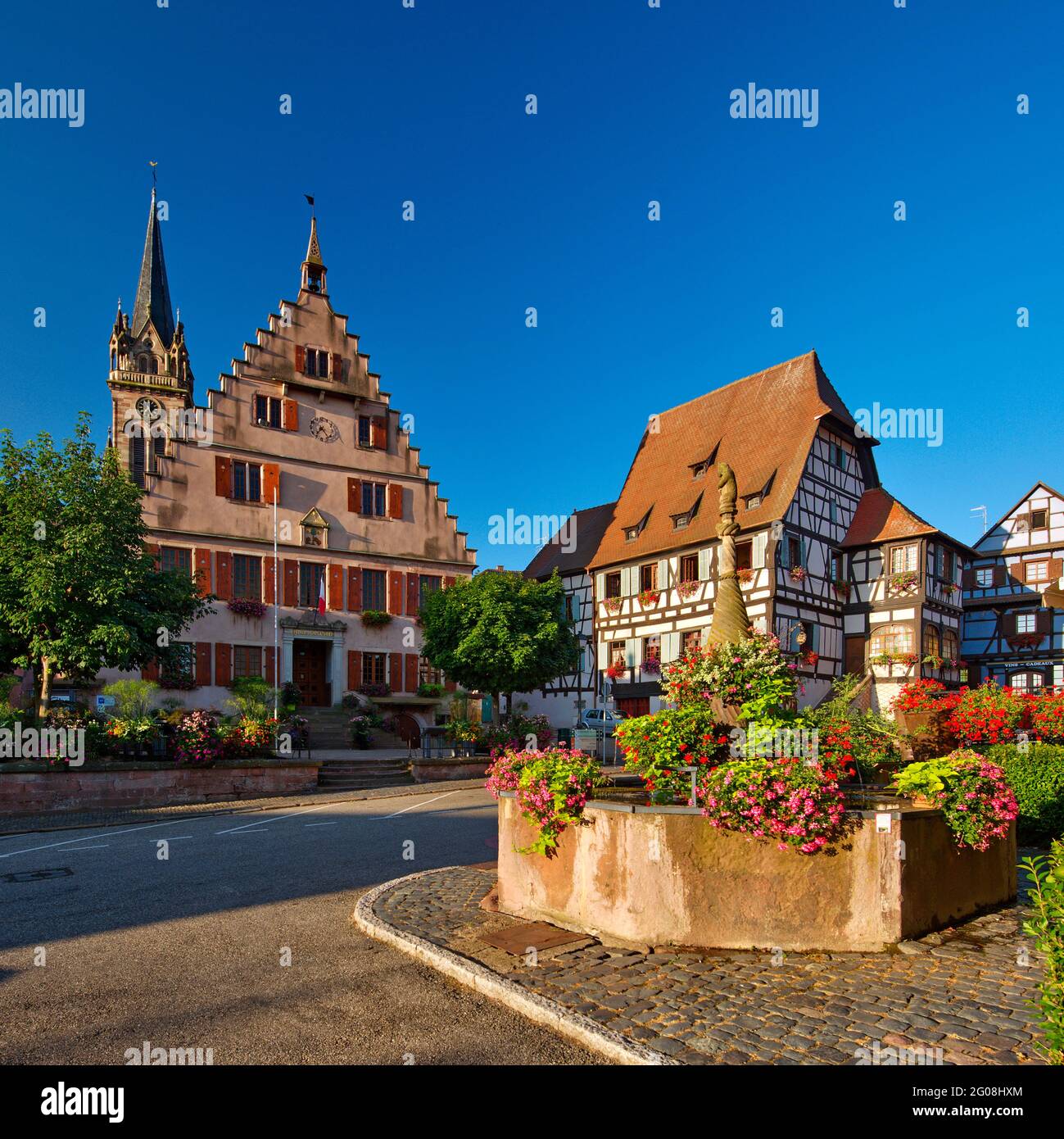 FRANCE, BAS-RHIN (67), DAMBACH-LA-VILLE, PLACE DU MARCHE (FOUNTAIN OF THE  BEAR, TOWN HALL AND THE CROWN HOSTEL Stock Photo - Alamy