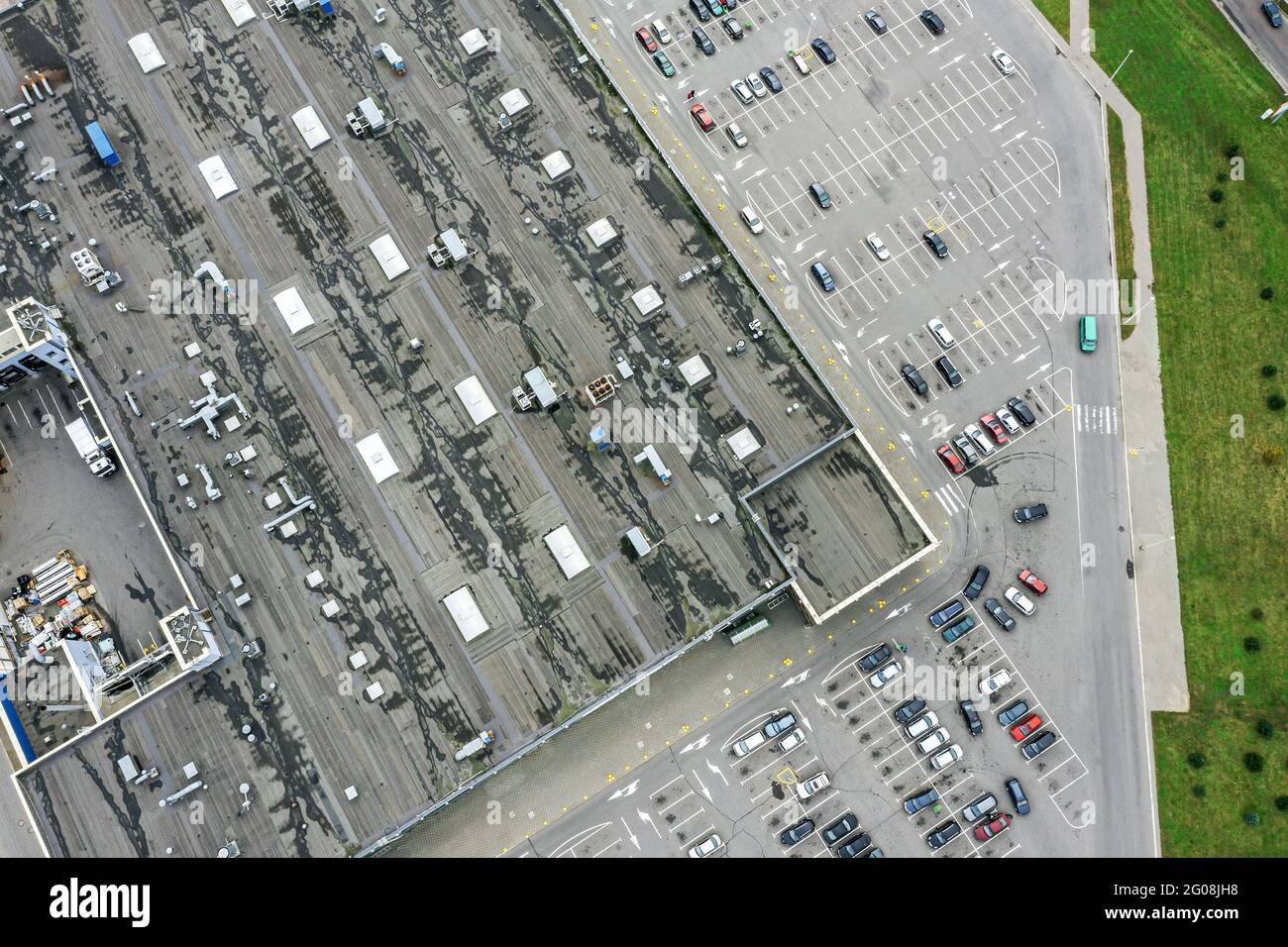 aerial top view of large parking lot near city shopping mall Stock