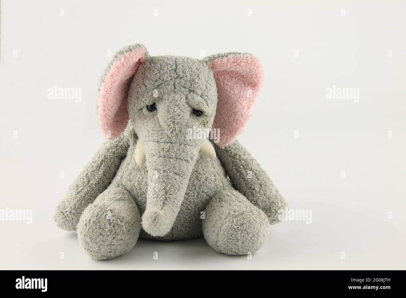 soft toy elephant sitting down with a sad expression, isolated on white background with copy space Stock Photo