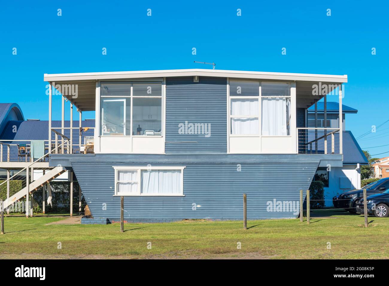 A 1960 constructed, 3 bedroom, mid century modern home in the town of Culburra Beach (south) on the New South Wales south coast of Australia Stock Photo