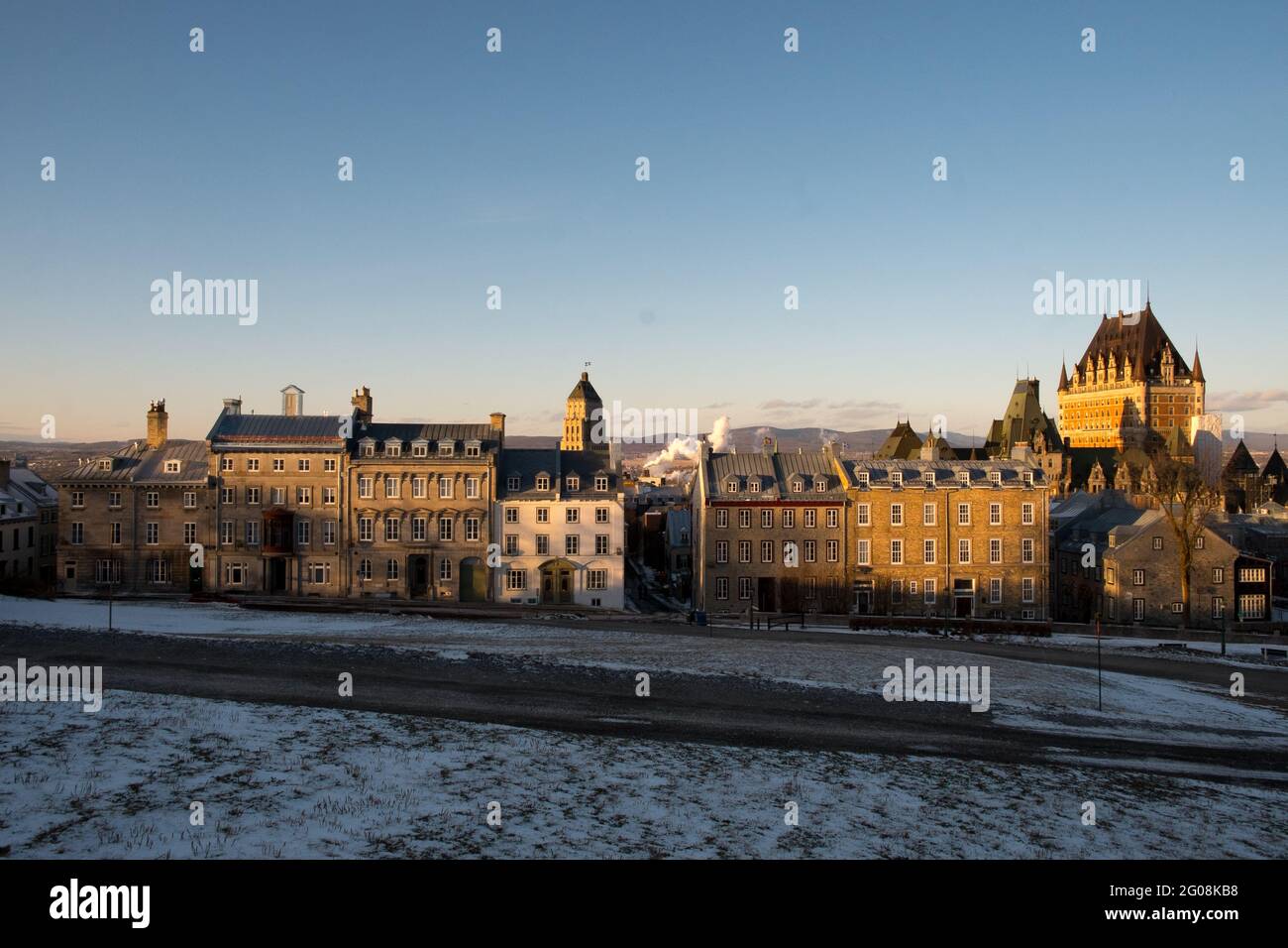 Historic homes in the Walled City of Québec, Canada, on a winter evening Stock Photo