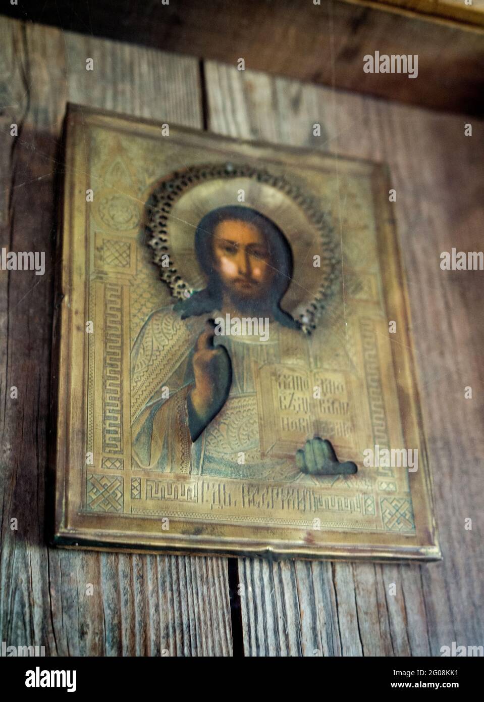 Eastern Orthodox icon on the wall of the chapel at Fort Ross, a historic Russian fort on the California coast, USA Stock Photo