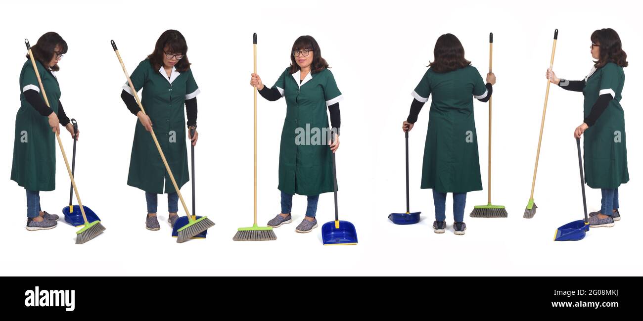 set of photos of the same cleaning woman with dustpan and broom in