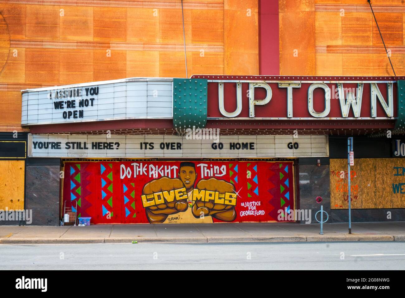 Uptown Theater in Minneapolis boarded up during the George Floyd protests Stock Photo