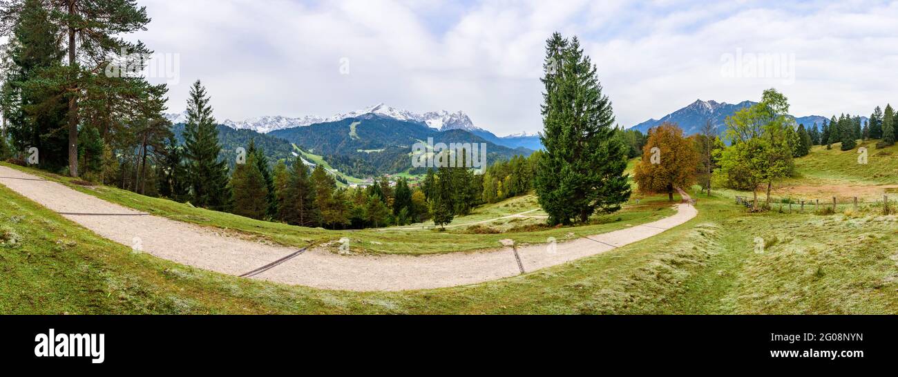 Falltime morning in upper bavarian alps with snow-covered mountains Stock Photo