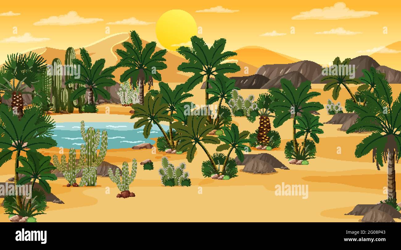 Desert forest landscape at sunset scene with oasis illustration Stock ...