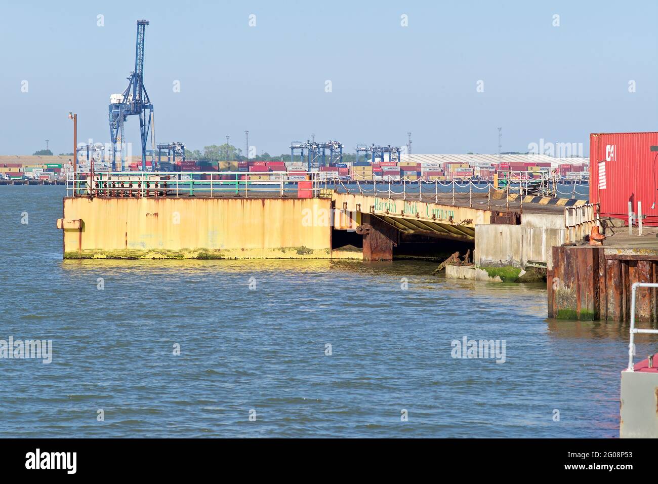 The loading area and ramp of Harwich dock where Ro-Ro cargo ships are loaded and unloaded. Stock Photo