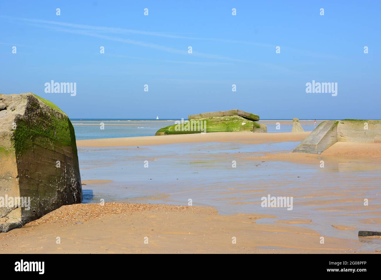 France, Aquitaine, Cap Ferret, this drifting bunkers, remains of Atlantic wall, are gradualy submerged under the effect of tides and storms. Stock Photo