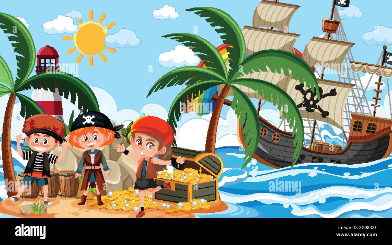 Treasure Island scene at daytime with Pirate kids illustration Stock ...