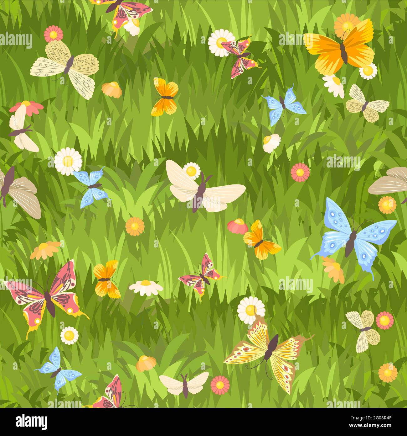 Seamless pattern. Meadow with dense grass, flowers and butterflies ...