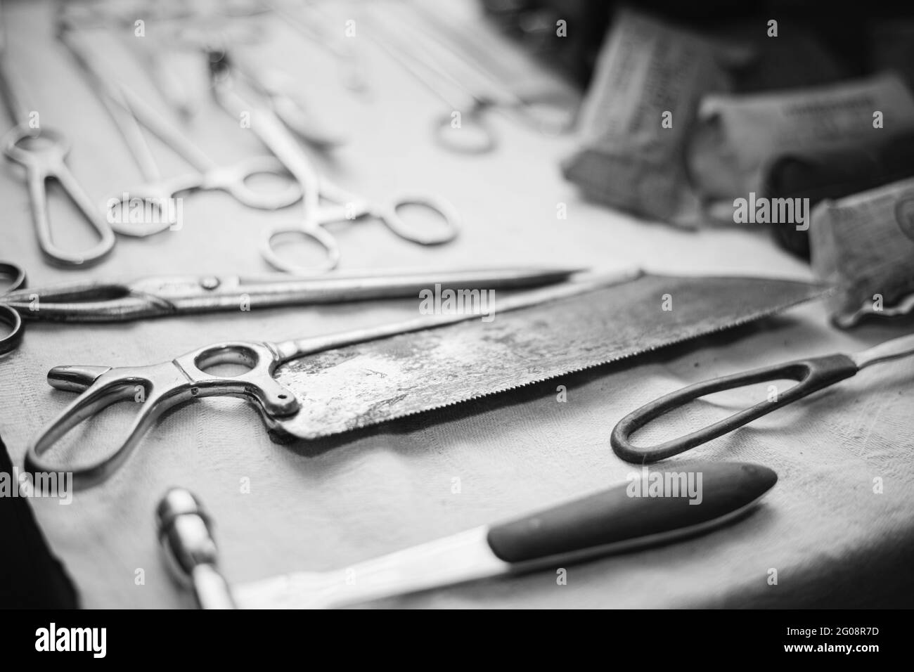 Old medical and surgical instruments. German Deutsch Wehrmacht World War II Times Many Old surgical instruments For surgery. WWII WW2. Black And White Stock Photo