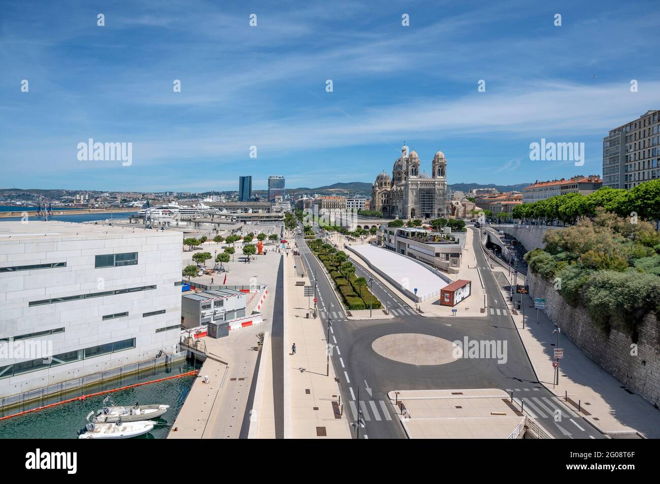 The view from the Fort Saint-Jean towards La Joliette and Villa Méditerranée, Marseille, France Stock Photo