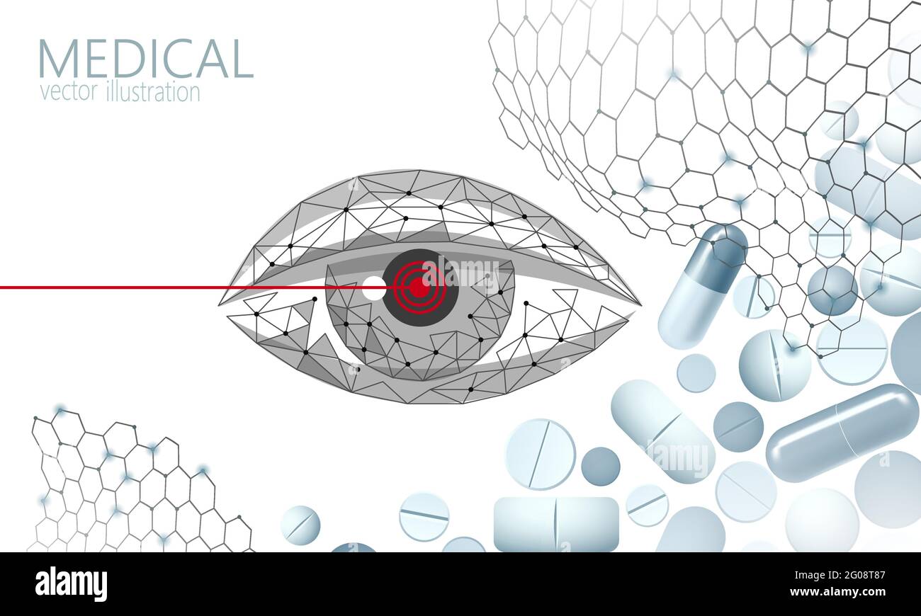 Dietary supplement vitamin vision capsule. Eye clear health care drug medicine science chemistry innovation technology polygonal 3D render. Woman eye Stock Vector