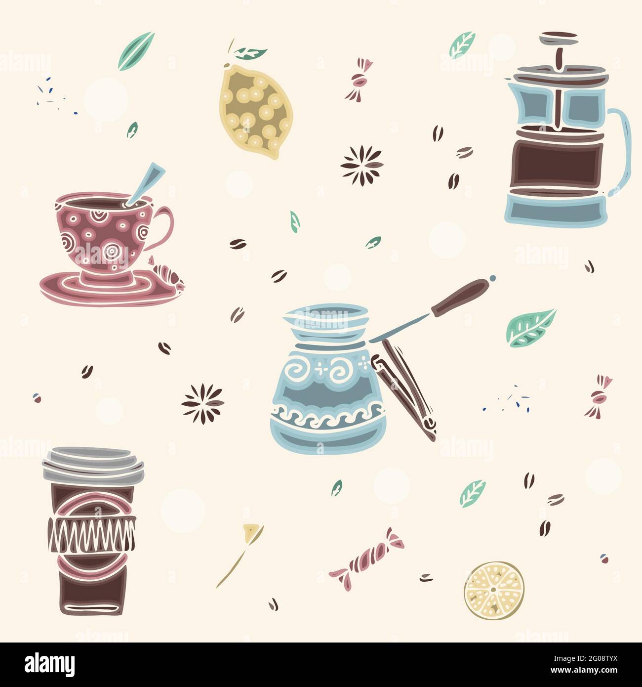 Seamless pattern of hand drawn coffee and tea doodles. A set of