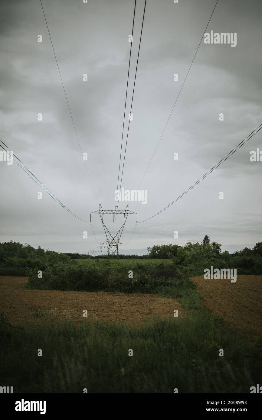 Electric pole in a green field Stock Photo - Alamy