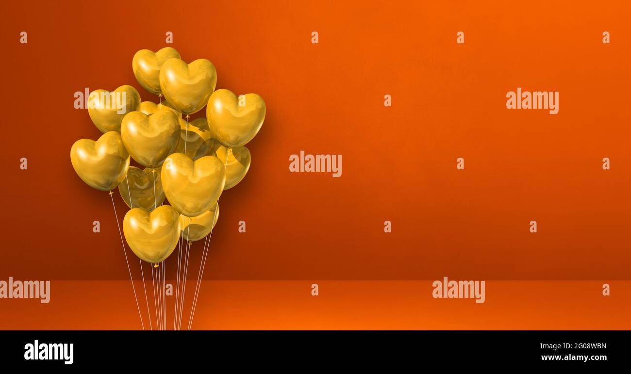 Yellow heart shape balloons bunch on orange wall background. Horizontal ...