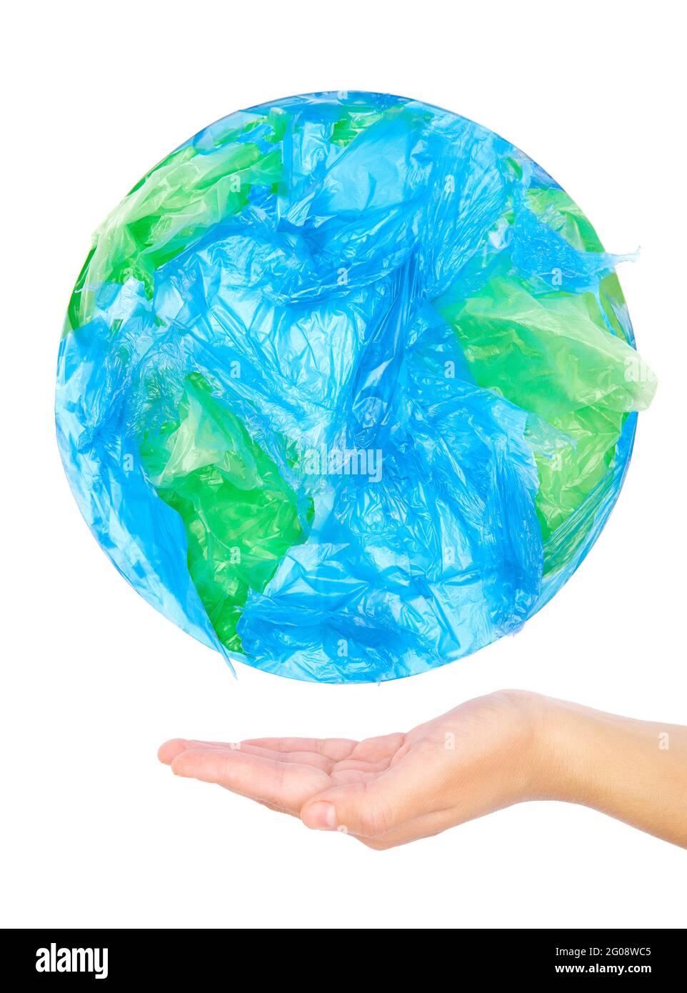 Human hand holding a globe made of plastic bags isolated on white Stock Photo