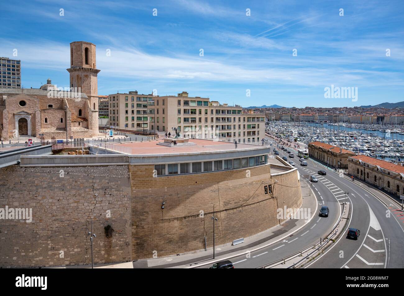 Fort Saint-Jean, part of MuCEM and home to mediterranean gardens with great  city views, Marseille, here to the vieux-port and the St-Laurent church  Stock Photo - Alamy