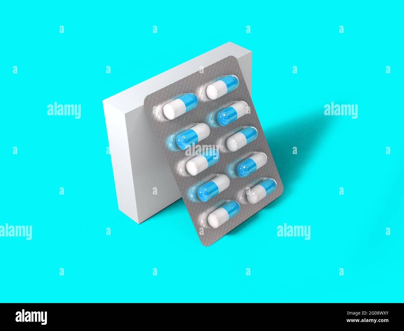 3 rendering Blank White Package Box for Blister of Pills Isolated on colored Background. suitable for your design element. Stock Photo