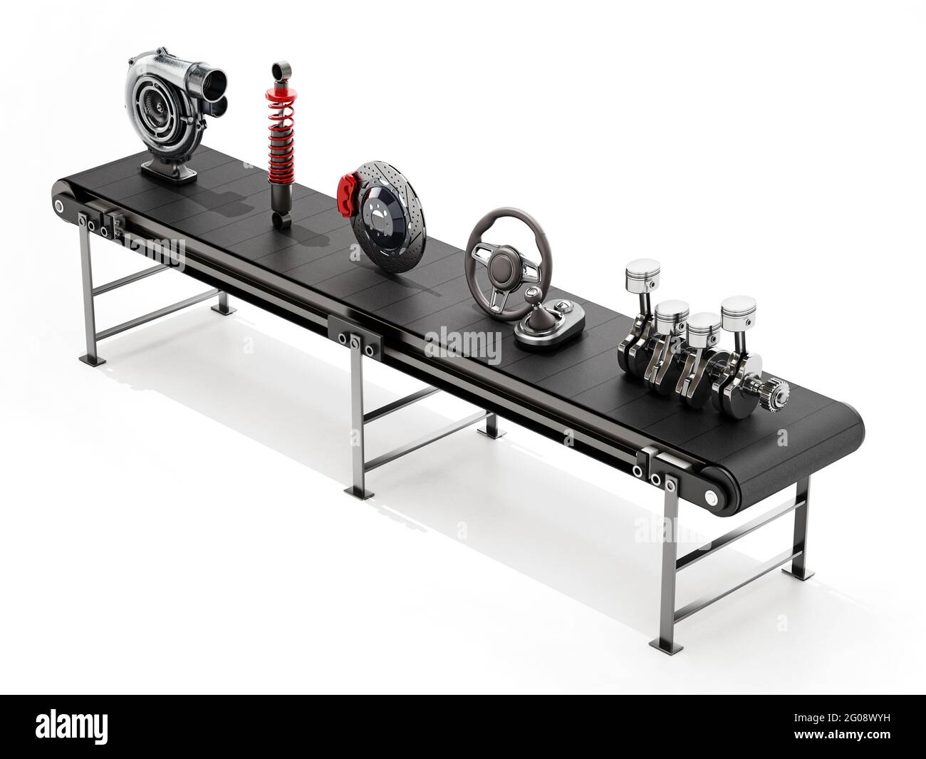 Conveyor belt carrying various car parts. 3D illustration. Stock Photo