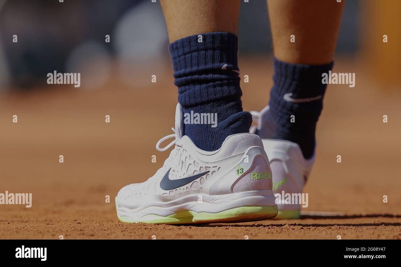 Rafael Nadal of Spain, illustration shoes with special inscription "13"  during the first round of Roland-Garros 2021, Grand Slam tennis tournament  on June 01, 2021 at Roland-Garros stadium in Paris, France -