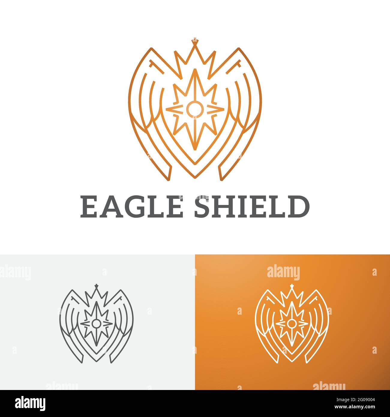 Golden Eagle Falcon Bird Shield Crown Line Logo Symbol Stock Vector