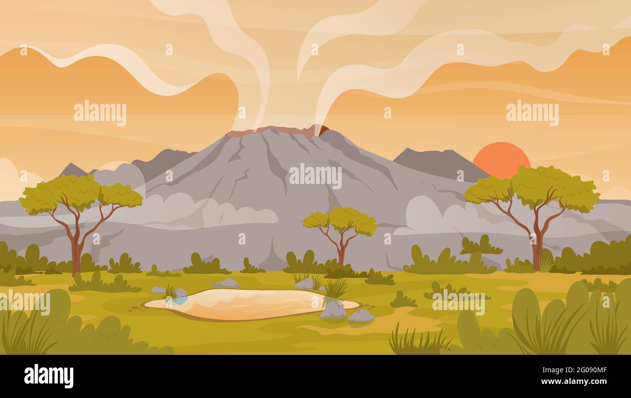 Volcano tropical nature landscape vector illustration. Cartoon mountain wild scenery at sunset, active volcano with smoke, exotic grass trees, natural disaster adventure scene background Stock Vector
