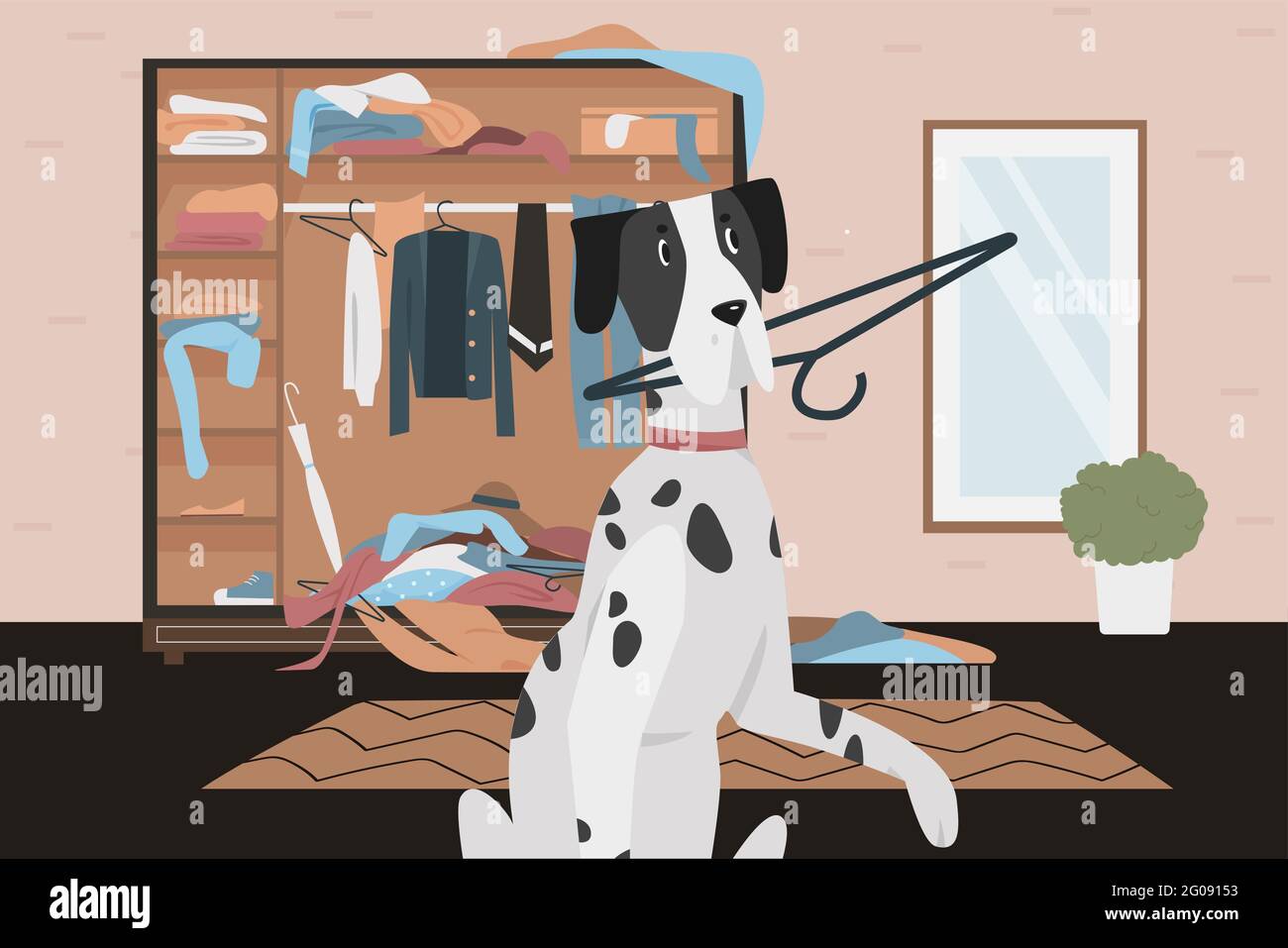 Guilty naughty dog with bad habits behavior vector illustration. Cartoon playful dalmatian dog holding clothes hanger in teeth, playing in wardrobe, home room interior in chaos mess from pet game Stock Vector