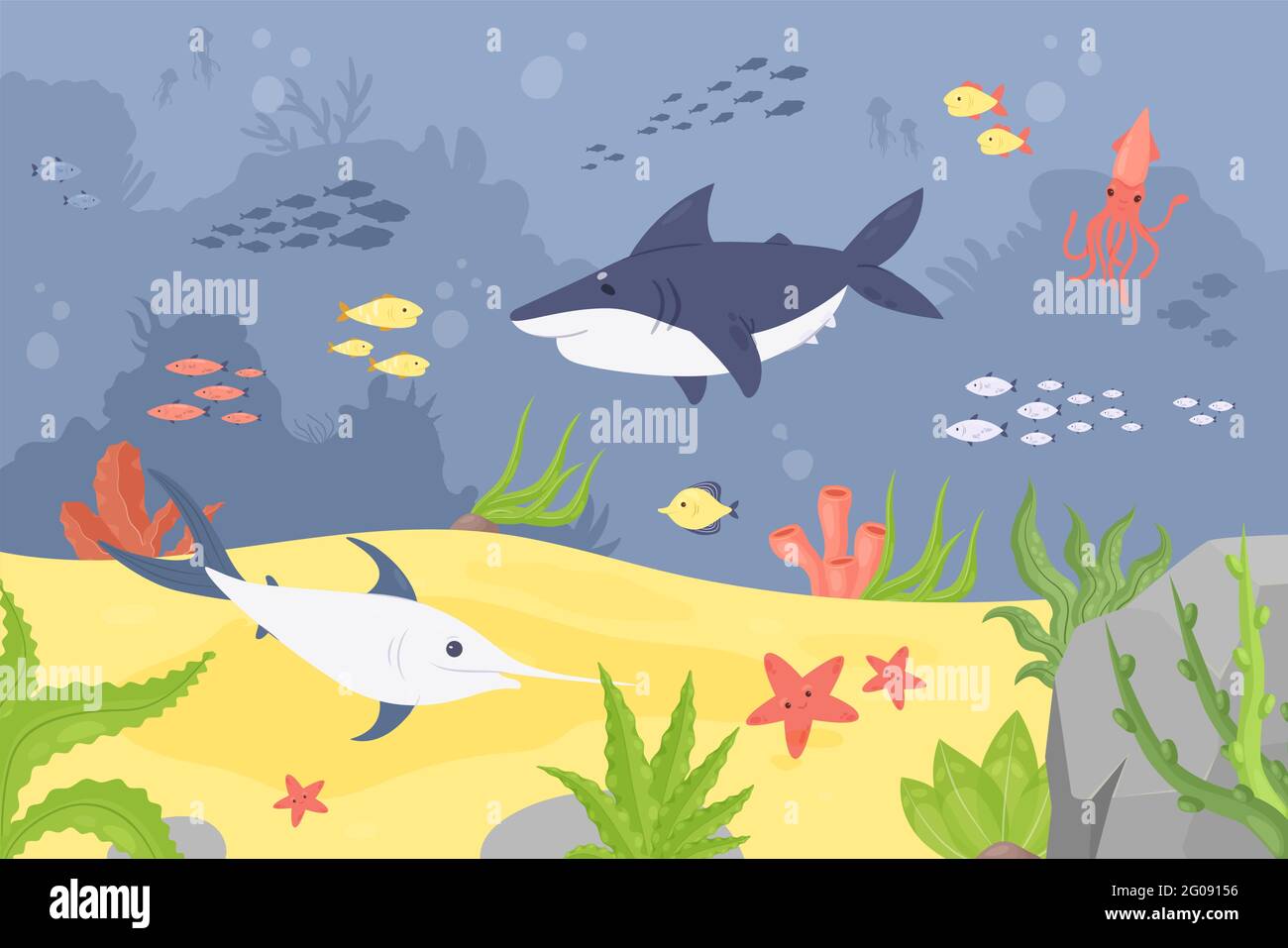 Undersea wildlife landscape, underwater world with coral reef fishes animals vector illustration. Cartoon blue tropical under water scenery and cute shark swordfish squid starfish seaweed background Stock Vector Image & Art - Undersea wildlife landscape, underwater world with coral reef fishes animals vector illustration. Cartoon blue tropical under water scenery and cute shark swordfish squid starfish seaweed background Stock Vector Image & Art -