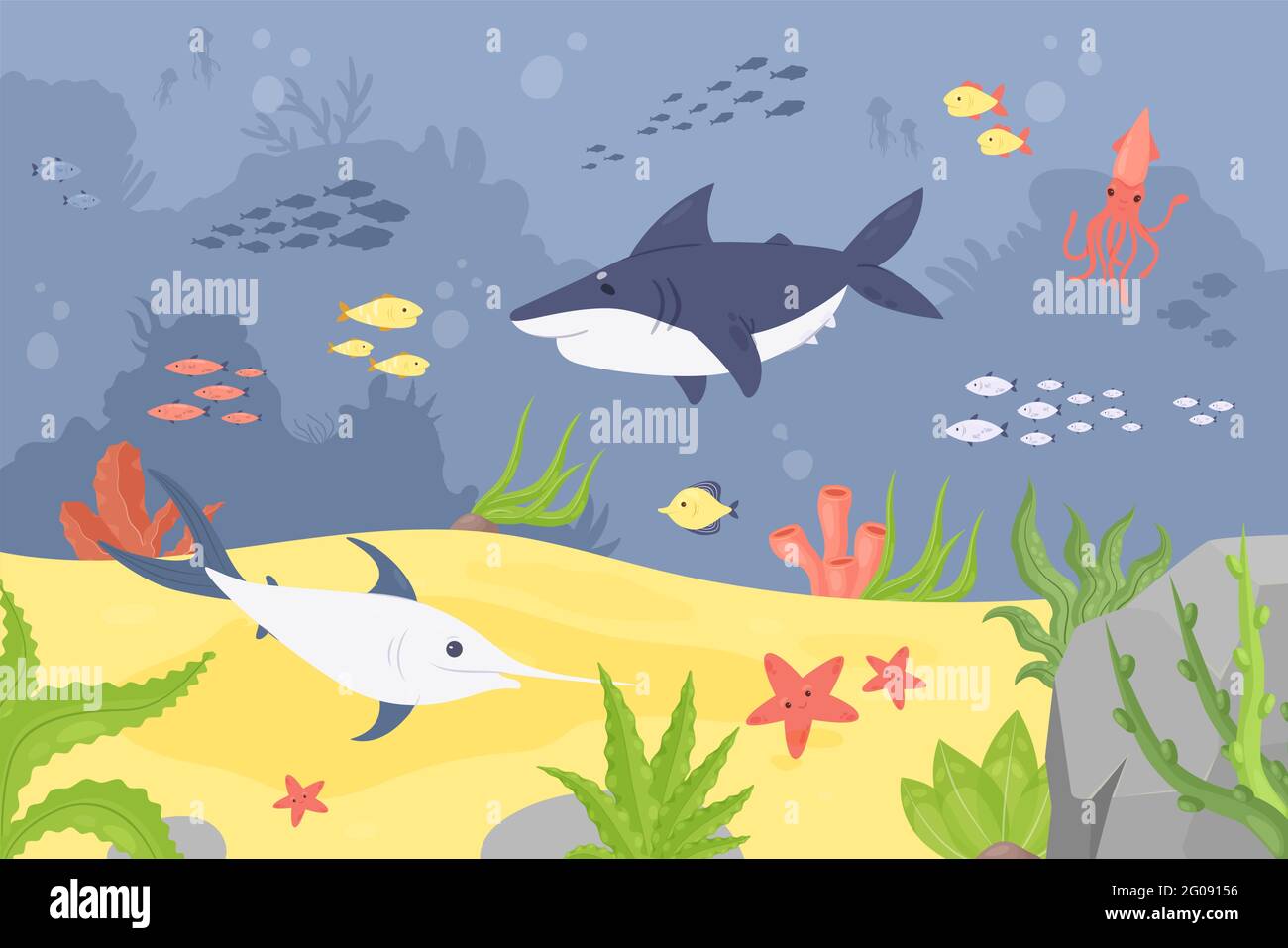 Undersea wildlife landscape, underwater world with coral reef fishes animals vector illustration. Cartoon blue tropical under water scenery and cute shark swordfish squid starfish seaweed background Stock Vector