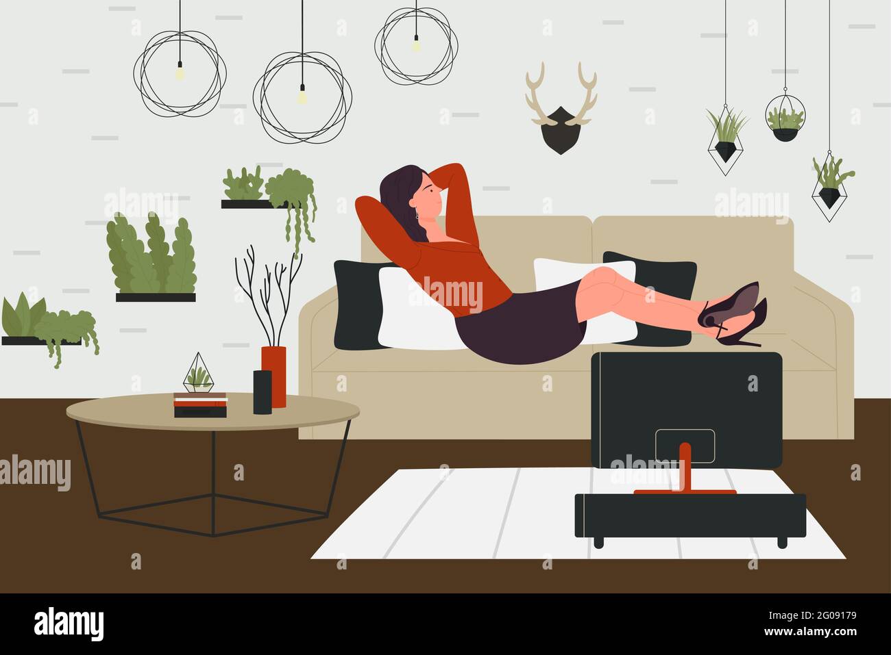 Woman lying on sofa in home living room interior, watching tv vector illustration. Cartoon girl character Woman lying on sofa in home living room interior, watching tv vector illustration. Cartoon girl character