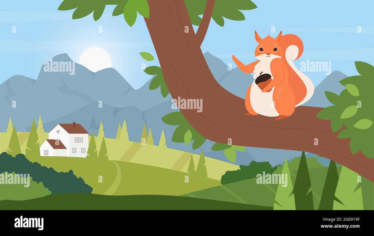Cute squirrel with acorn in rural summer mountain green landscape vector illustration. Cartoon furry squirrel character hugging walnut, forest animal loving nut food, woodland on sunny day background Stock Vector
