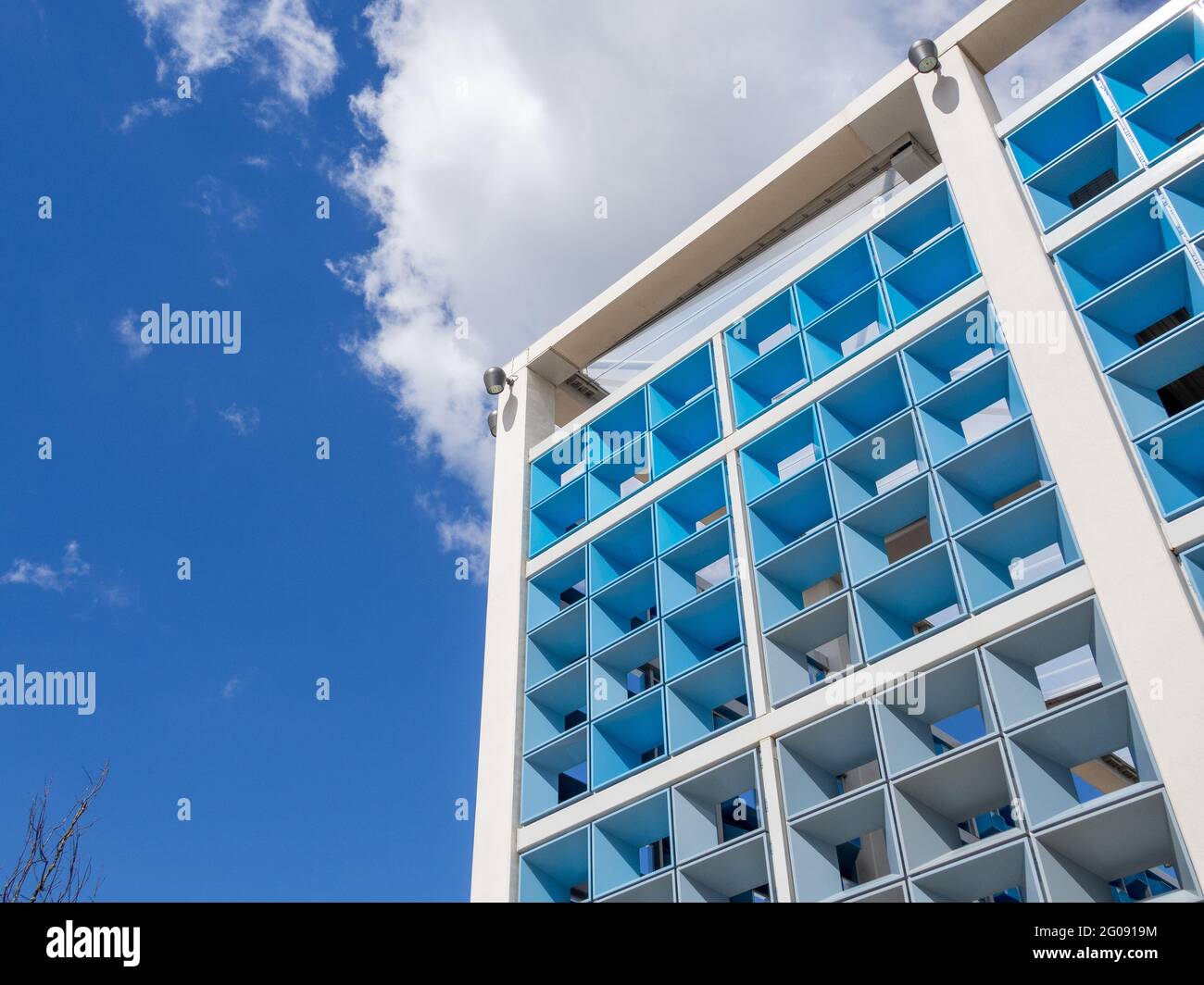 Modern architecture, Milton Keynes, UK; blue grid design of the Centre